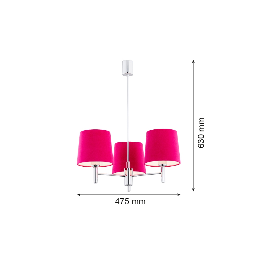 Argon 1382 - Hanglamp aan een paal BOLZANO 3xE27/15W/230V roze/glanzend chroom