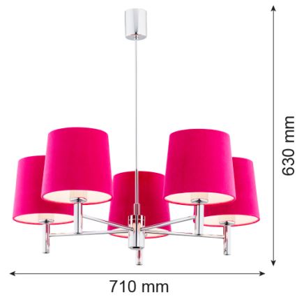 Argon 2075 - Hanglamp aan een paal BOLZANO 5xE27/15W/230V roze/glanzend chroom