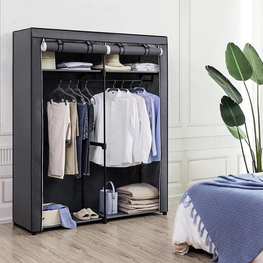 Armoire de rangement en tissu MATIS 140x174 cm, grise, équipée d'étagères et d'une barre de penderie