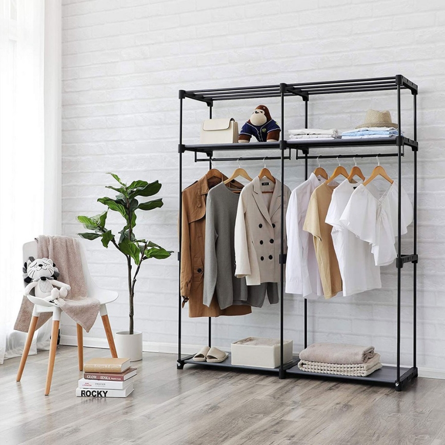 Armoire de rangement en tissu MATIS 140x174 cm, grise, équipée d'étagères et d'une barre de penderie