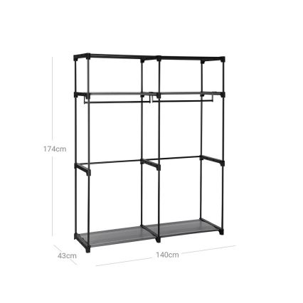 Armoire de rangement en tissu MATIS 140x174 cm, grise, équipée d'étagères et d'une barre de penderie