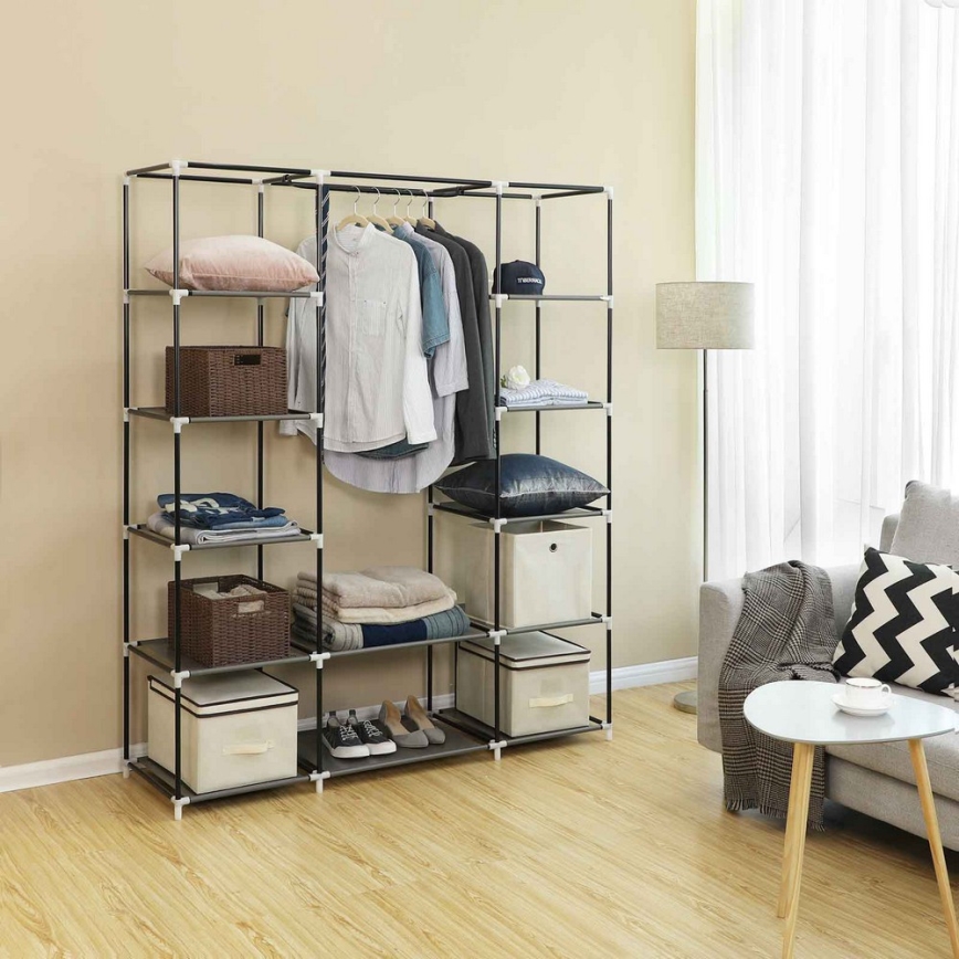 Armoire de rangement en tissu MATIS 150 x 175 cm avec étagères et tringle à vêtements, grise