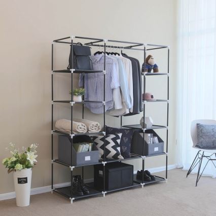 Armoire de rangement en tissu MATIS 150x175x45 cm, noire, avec étagères et tringle de penderie