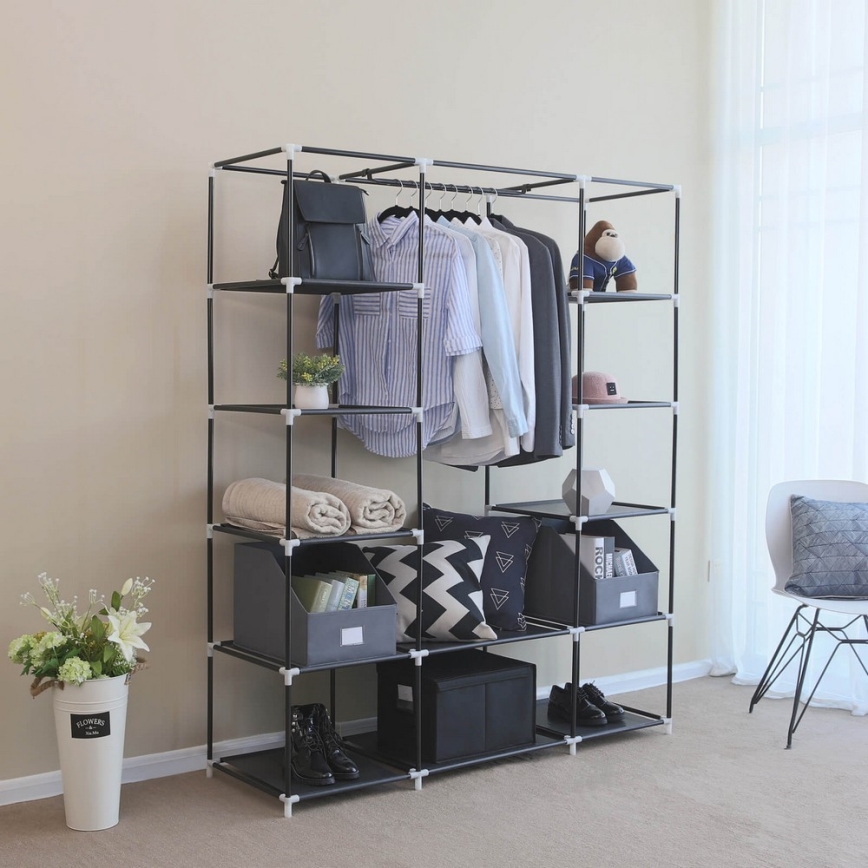 Armoire de rangement en tissu MATIS 150x175x45 cm, noire, avec étagères et tringle de penderie