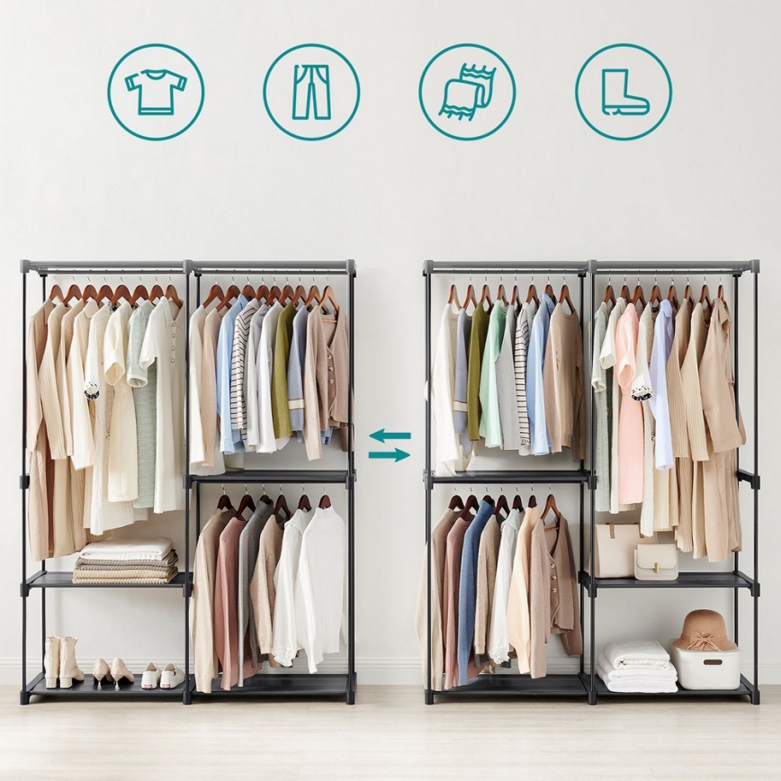 Armoire de rangement MATIS 138x182 cm avec étagères et tringle à vêtements, noire