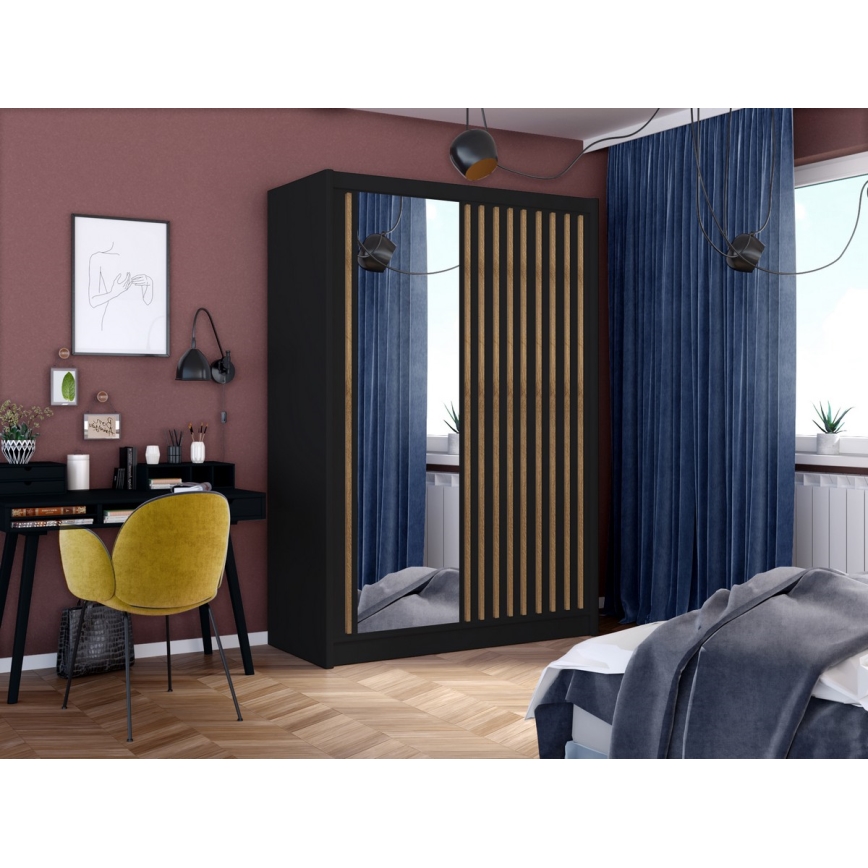Armoire SANTINO 150x215 cm avec miroir noir/chêne craft