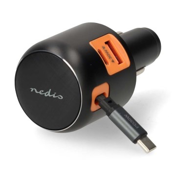 Autolader met intrekbare kabel, Power Delivery 30W, 2xUSB-C + 1xUSB-A