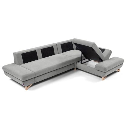 Uitschuifbare gestoffeerde L-hoekbank AVESTA, rechts, met opbergruimte, grijs