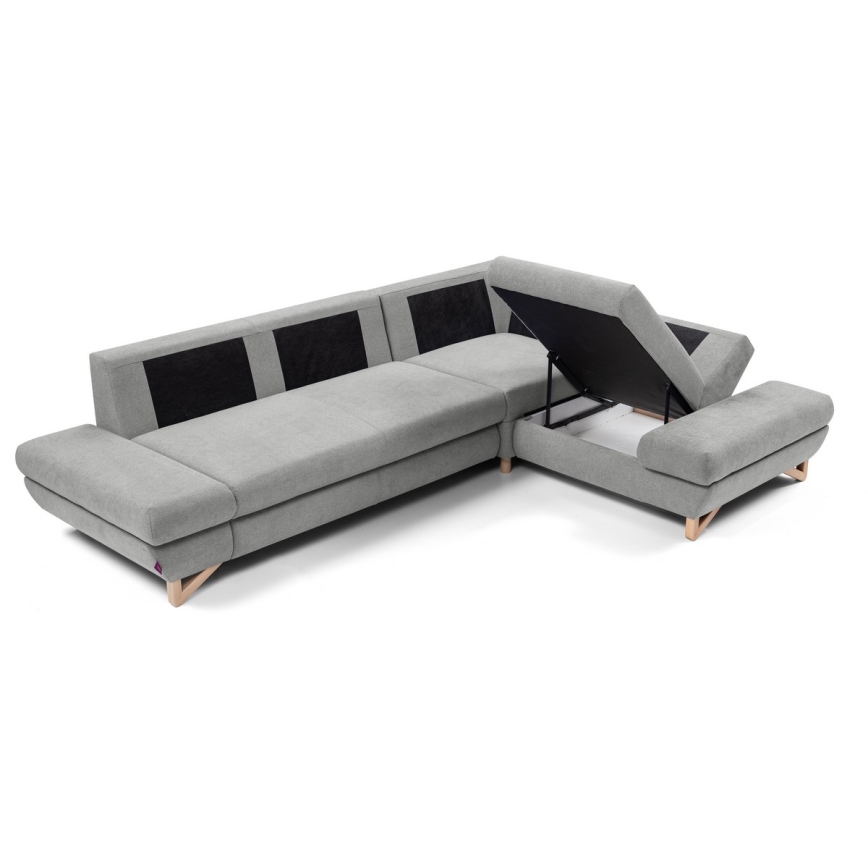 Uitschuifbare gestoffeerde L-hoekbank AVESTA, rechts, met opbergruimte, grijs