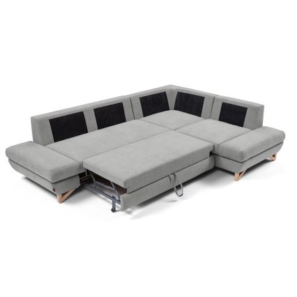 Uitschuifbare gestoffeerde L-hoekbank AVESTA, rechts, met opbergruimte, grijs