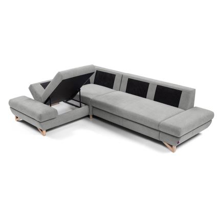 Canapé d'angle convertible rembourré AVESTA en L, avec coffre de rangement, angle gauche, gris