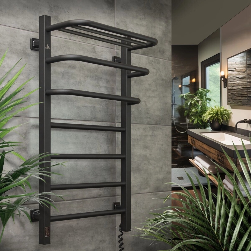 Badkamer elektrisch radiator met thermostaat FORTIS 350W/230V 80,6 cm IP44 zwart rechts hoekig