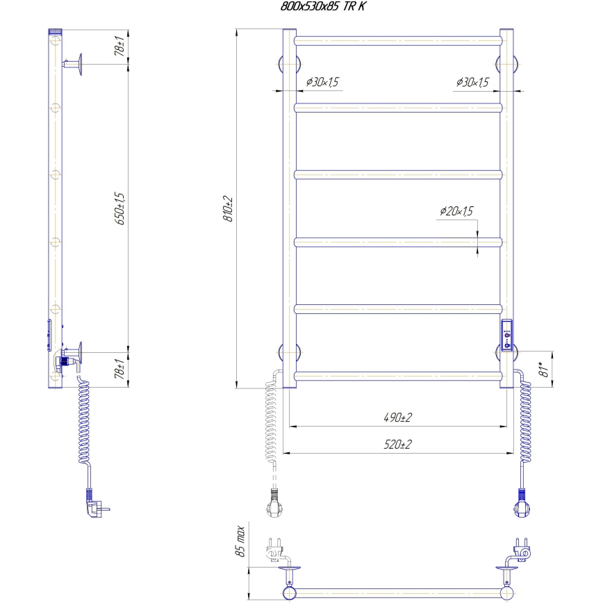 Badkamer handdoekradiator CLASSIC 110W/230V 81 x 52 cm, rvs/wit, rechts