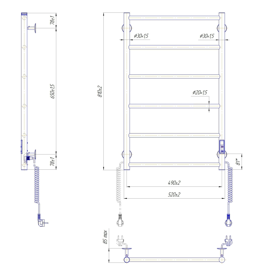 Badkamer handdoekradiator CLASSIC 110W/230V 81x52 cm RVS/antraciet, rechts