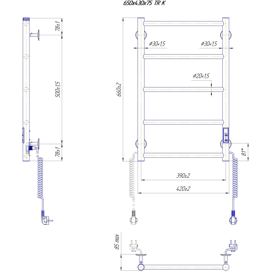 Badkamer handdoekradiator CLASSIC 65W/230V 66x42 cm RVS/wit rechts