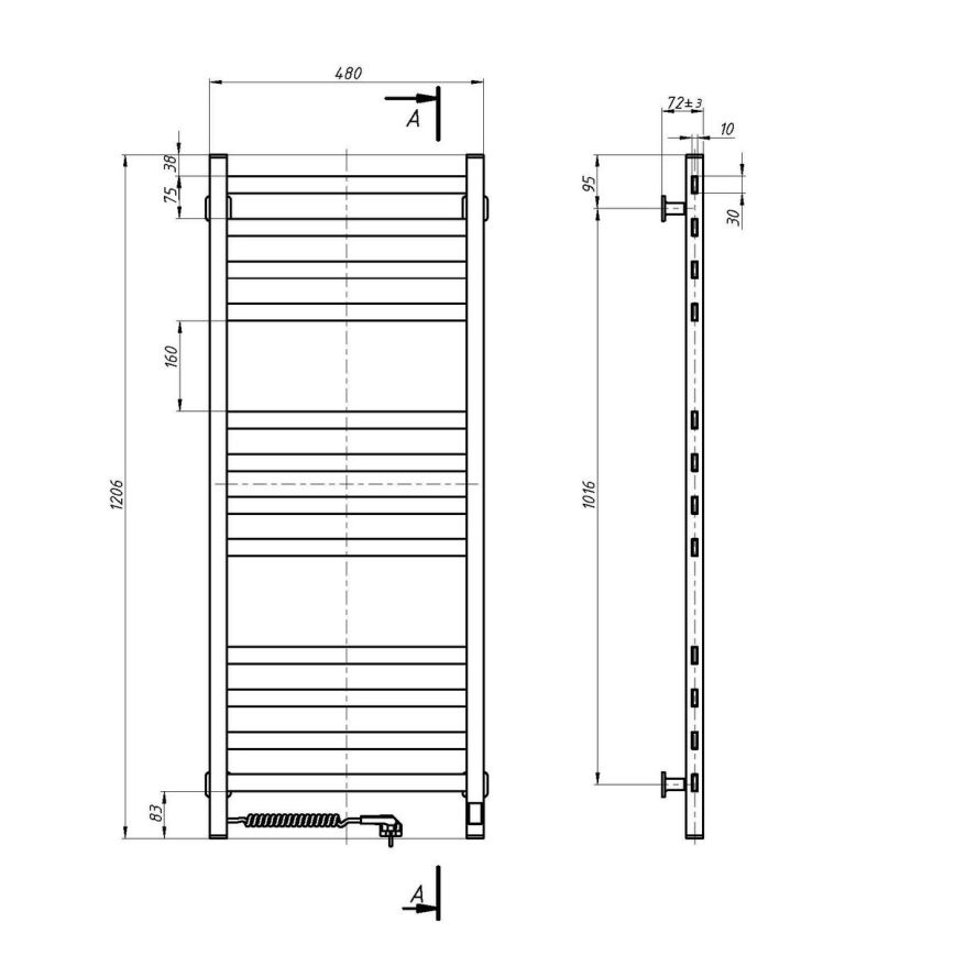 Badkamer handdoekradiator met thermostaat AVANGARD 227W 120x48cm, wit, links
