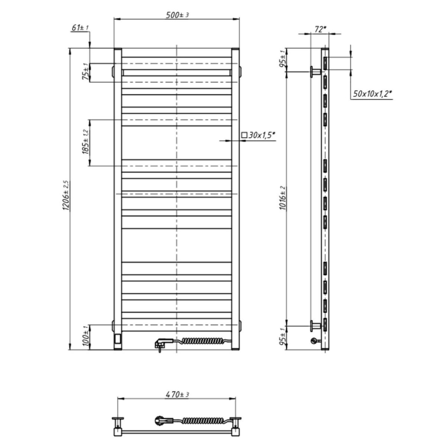 Badkamer handdoekradiator met thermostaat LARGO 256W 120x50 cm zwart rechts
