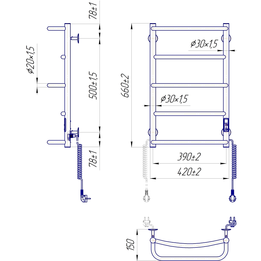 Badkamerhanddoekradiator LUX 65W/230V 65x43 cm RVS/antraciet rechts