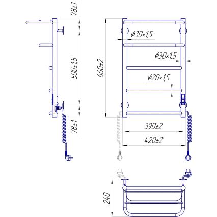 Badkamerradiator (handdoekradiator) HOTEL 75W/230V 66x42 cm RVS/zwart, rechts