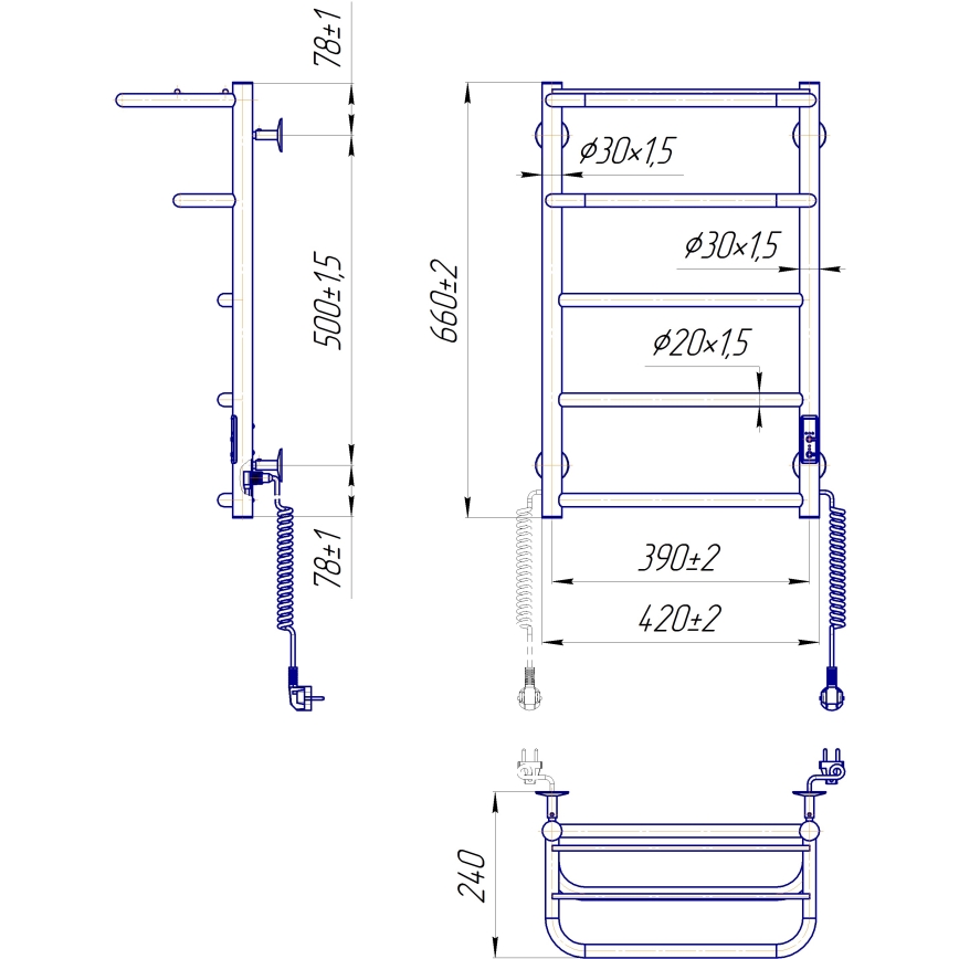 Badkamerradiator (handdoekradiator) HOTEL 75W/230V 66x42 cm RVS/zwart, rechts