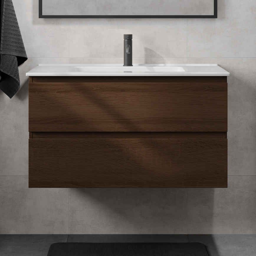 Badmeubel met wastafel KENWOOD 91 cm walnoot/wit