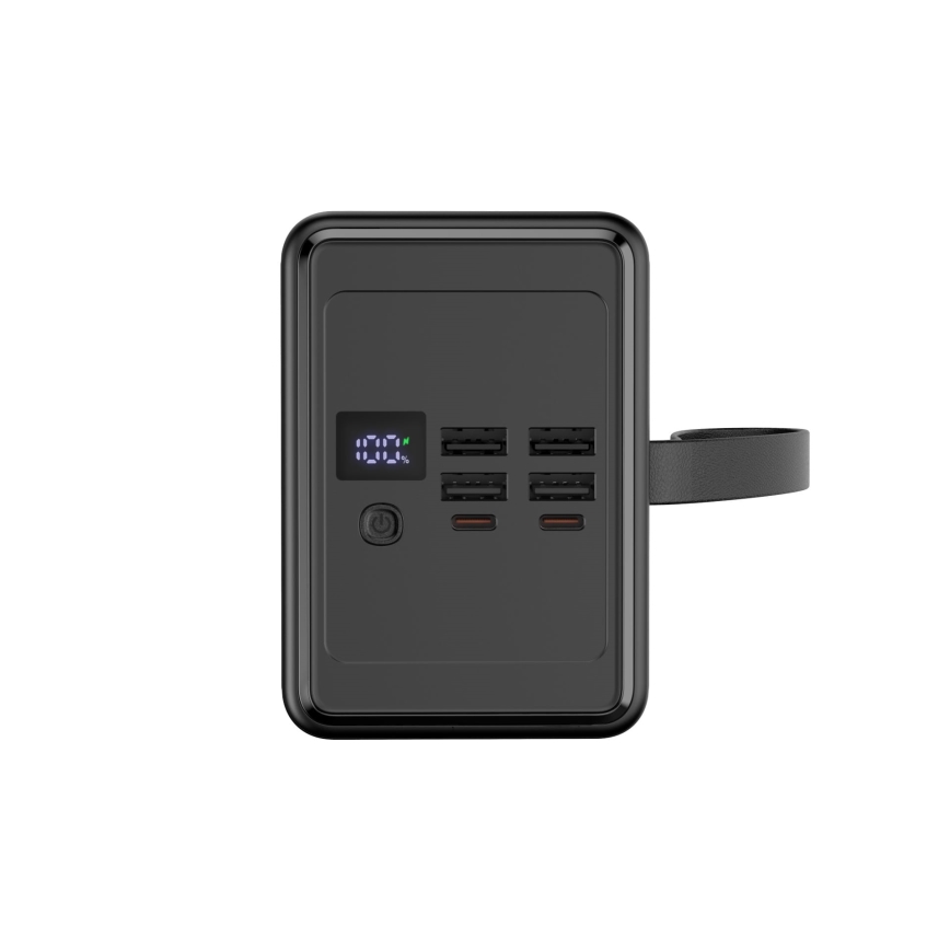 Batterie externe 8 000 mAh avec Power Delivery — 4x USB-A + 2x USB-C, lampe LED intégrée et câble USB-C 1 m, noire