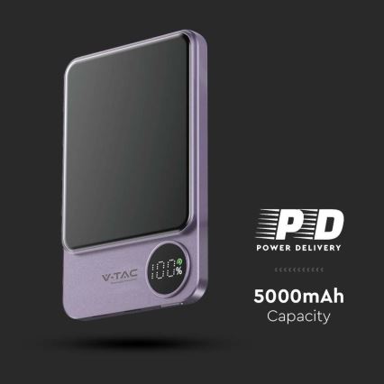 Batterie portative avec écran et charge sans fil Power Delivery 5000mAh/20W/5V violet