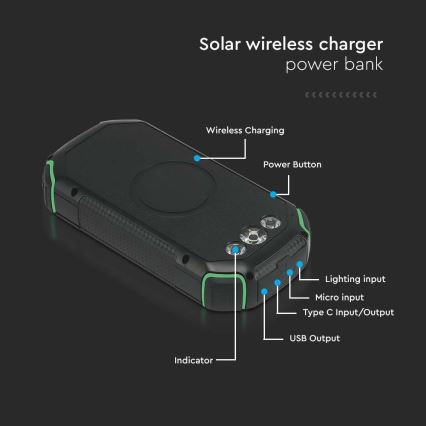 Batterie portative solaire avec lampe torche Power Delivery 30000mAh/20W/5V noir