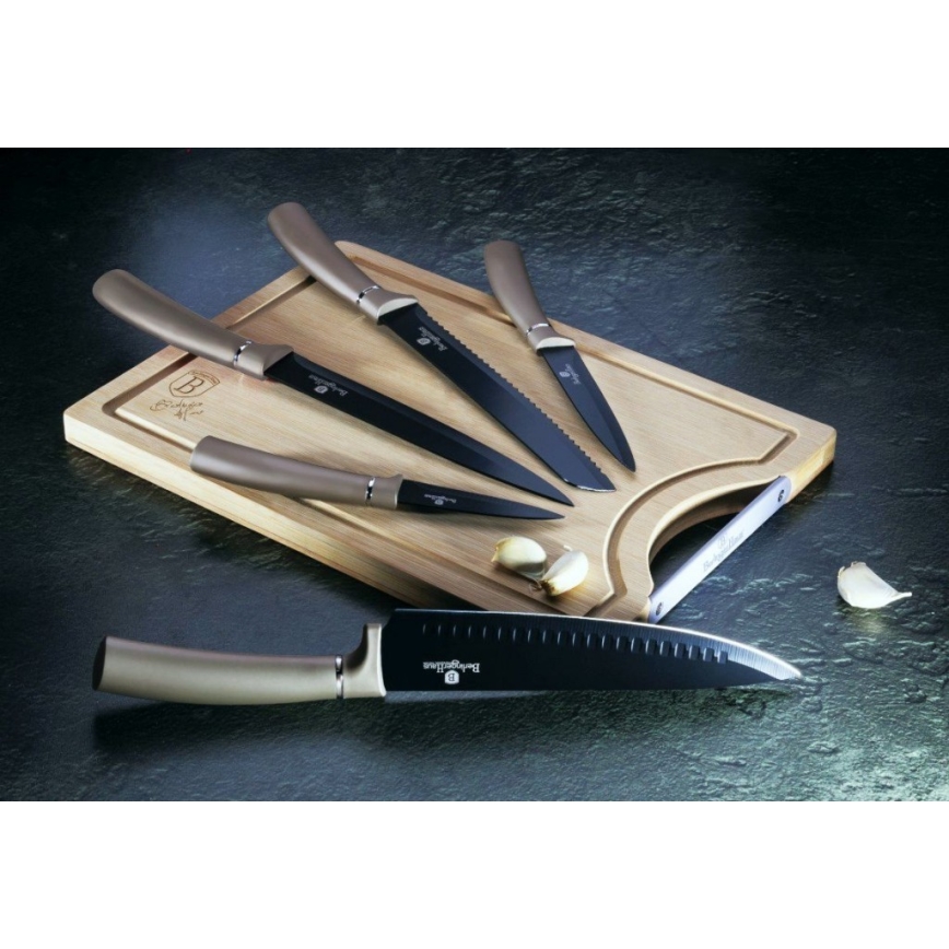 BerlingerHaus - Set roestvrijstalen messen met bamboe snijplank 6 st beige/zwart