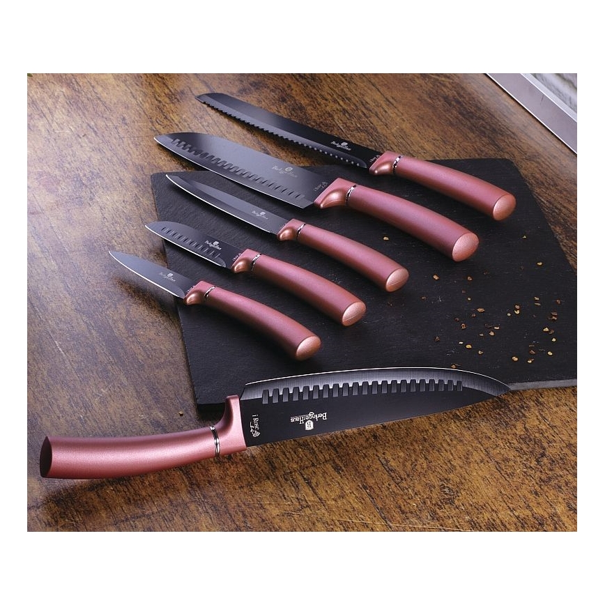 BerlingerHaus - Set roestvrijstalen messen met magnetische standaard 6 st roestvrijstaal/roze goud