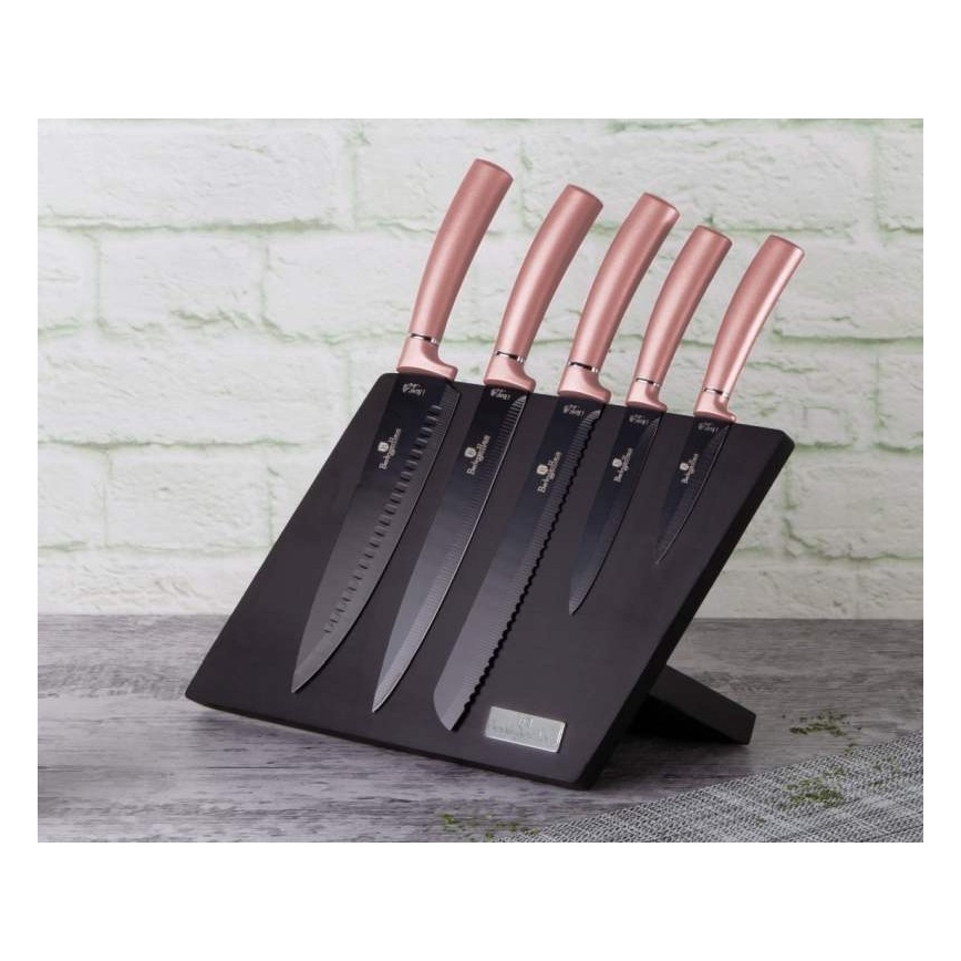 BerlingerHaus - Set roestvrijstalen messen met magnetische standaard 6 st roestvrijstaal/roze goud