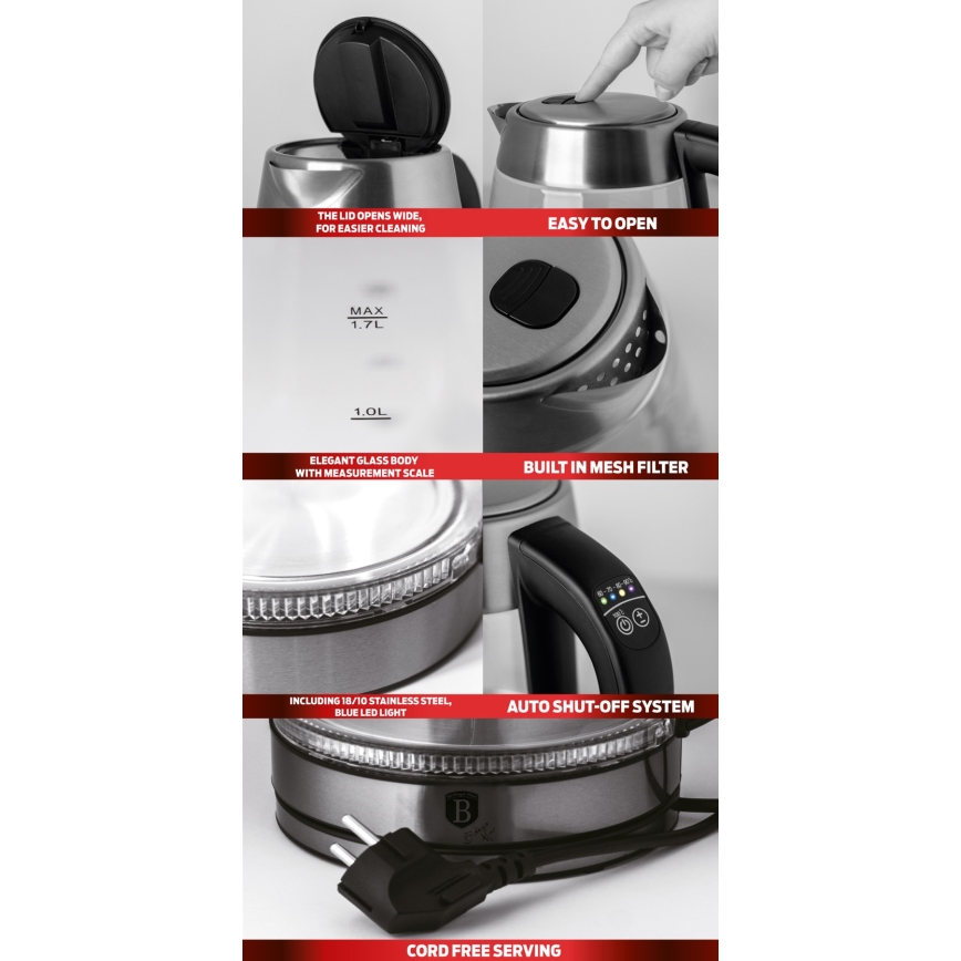 BerlingerHaus- Waterkoker met thermoregulatie 1,7 l 2200W/230V roestvrij staal/rood