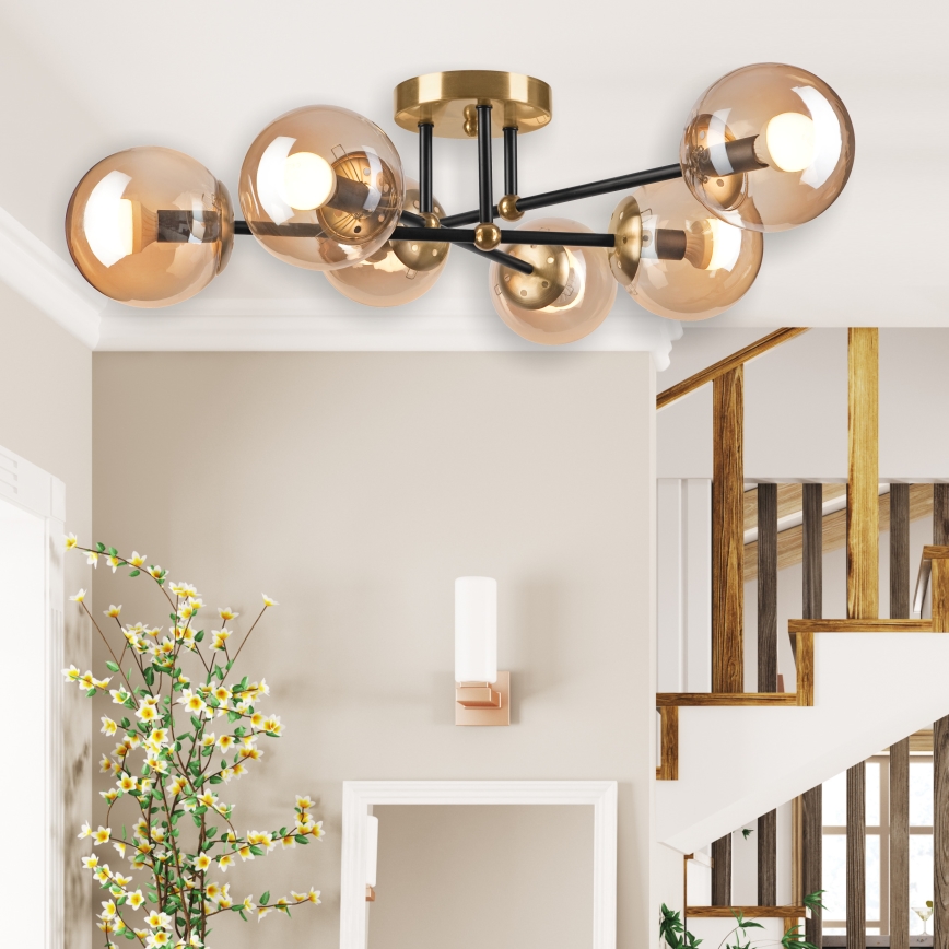 Bevestigde hanglamp MALENA 6xE14/5W/230V goud/zwart/gerookt beige