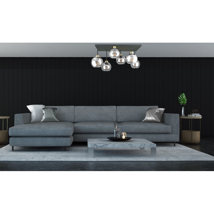 Bevestigde hanglamp NESSA 6xE27/60W/230V zwart/goud/doorzichtig