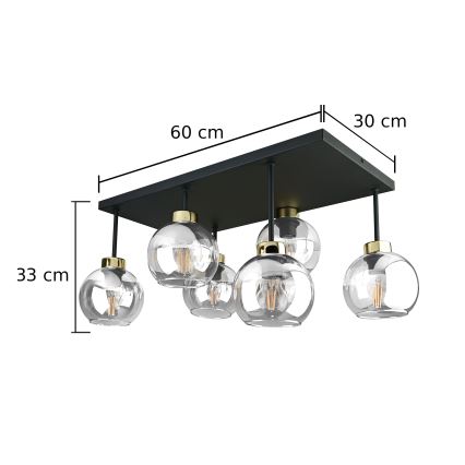 Bevestigde hanglamp NESSA 6xE27/60W/230V zwart/goud/doorzichtig