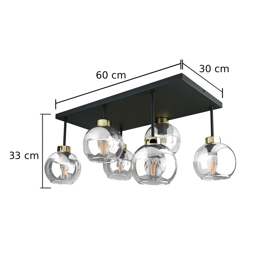 Bevestigde hanglamp NESSA 6xE27/60W/230V zwart/goud/doorzichtig