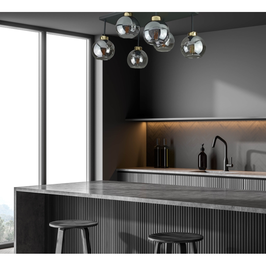 Bevestigde hanglamp NESSA 6xE27/60W/230V zwart/goud/gerookt zwart
