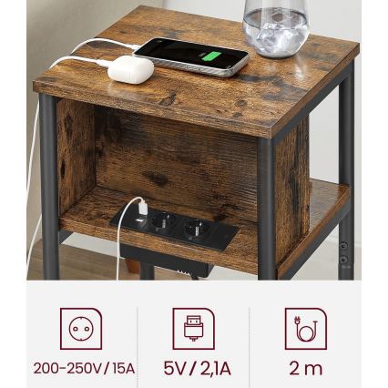 Bijzettafel met geïntegreerde stopcontacten en USB-poorten ROD bruin/zwart