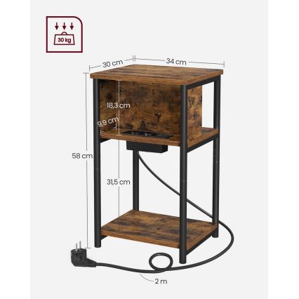 Bijzettafel met geïntegreerde stopcontacten en USB-poorten ROD bruin/zwart