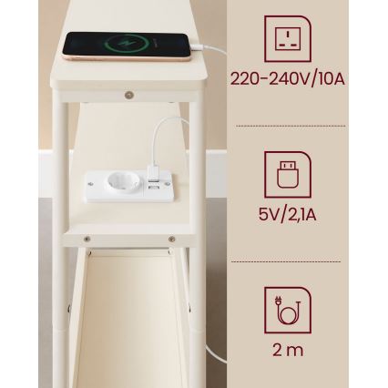 Bijzettafel ROD met ingebouwd stopcontact en USB-poorten, wit/crème