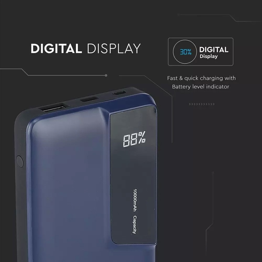 Blauwe power bank met display 10000mAh / 3,7V