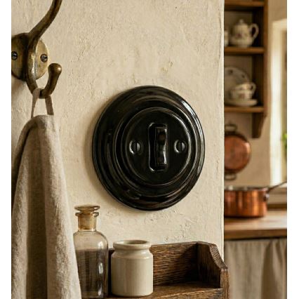 Bohemia-Design - Interrupteur rétro en porcelaine, simple, avec cadre pour sonnette, noir