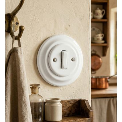 Bohemia-Design - Interrupteur simple rétro en porcelaine avec cadre n° 1 blanc