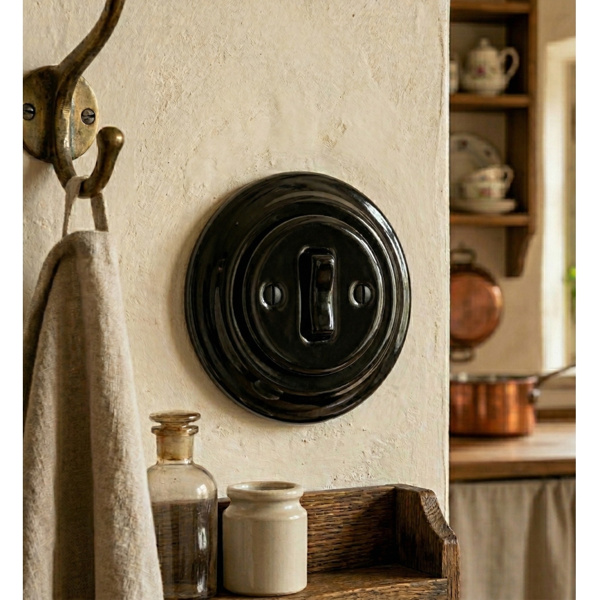 Bohemia-Design - Interrupteur simple rétro en porcelaine avec cadre n° 6, noir