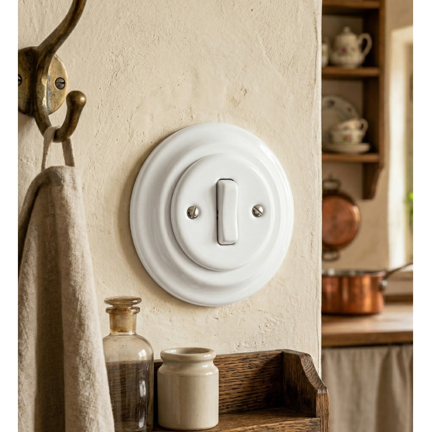 Bohemia-Design - Interrupteur simple rétro en porcelaine avec cadre pour sonnette, blanc