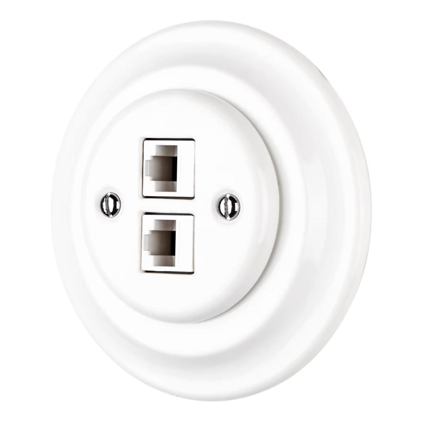 Bohemia-Design - Porseleinen retro Ethernet-wandcontactdoos met afdekraam 2x CAT.5E, wit