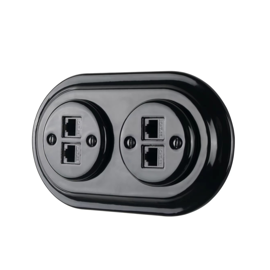 Bohemia-Design - Porseleinen retro ethernet-wandcontactdoos zonder afdekraam 2x CAT.5E zwart