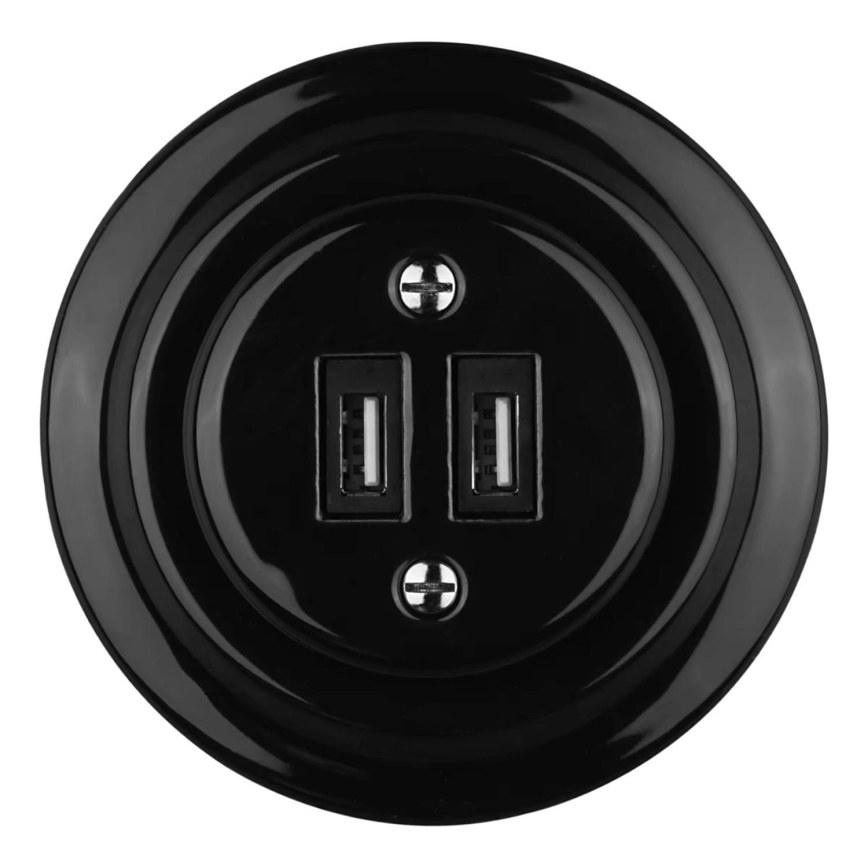 Bohemia-Design - Porseleinen retro USB-oplaadstopcontact met afdekraam 2xUSB-A zwart
