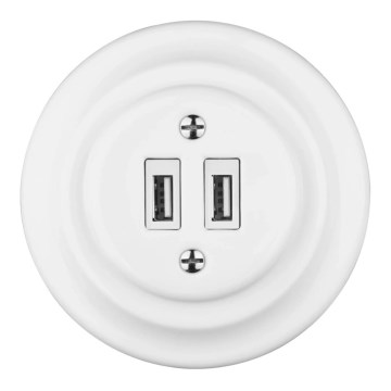 Bohemia-Design - Porseleinen retro USB-wandcontactdoos met afdekraam, 2x USB-A, wit