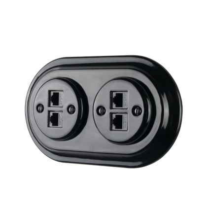 Bohemia-Design - Prise Ethernet rétro en porcelaine, sans cadre, 2 ports Cat5e, noire